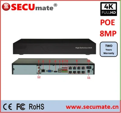 Videoregistratore di rete 16CH Poe NVR 8MP H. 265 Audio Onvif P2p Visualizzazione remota HDMI